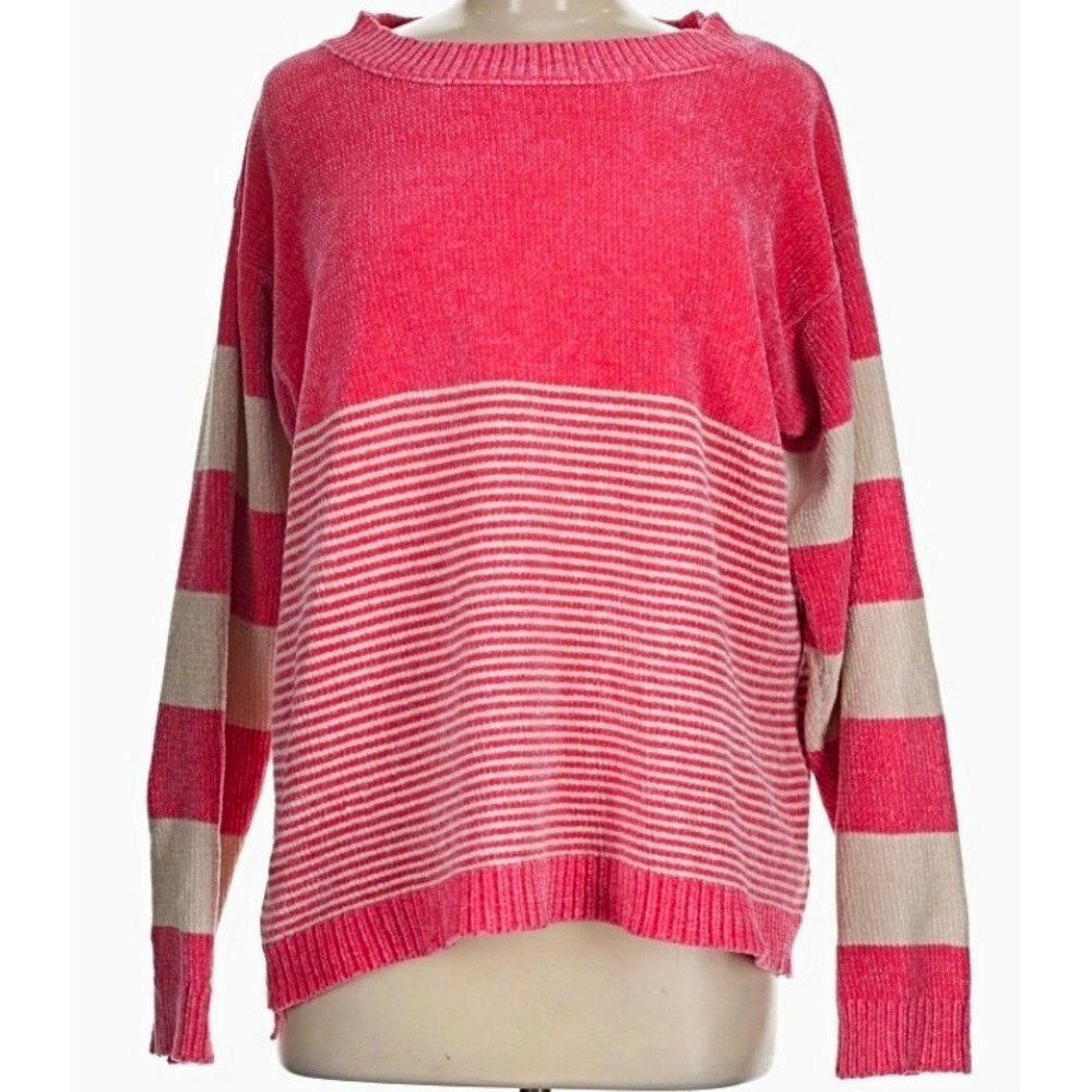 Wanna B Pink White Striped Knit Crewneck Long Sleeve Pullover Sweater M/L